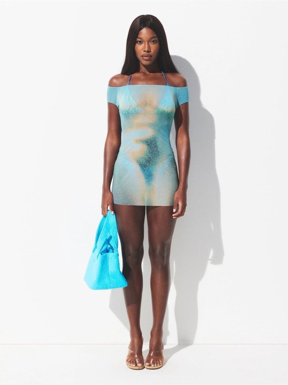 NWOT SKIMS Mesh Swim Coverup Mini Dress - Cyan Fk Body Print